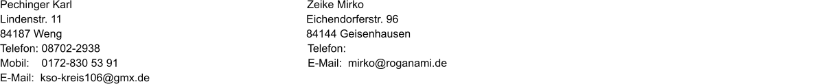 Pechinger Karl                                                                             Zeike Mirko                                                                                                                                                         Lindenstr. 11                                                                                Eichendorferstr. 96 84187 Weng                                                                                84144 Geisenhausen Telefon: 08702-2938                                                                    Telefon:  Mobil:    0172-830 53 91                                                              E-Mail:  mirko@roganami.de E-Mail:  kso-kreis106@gmx.de